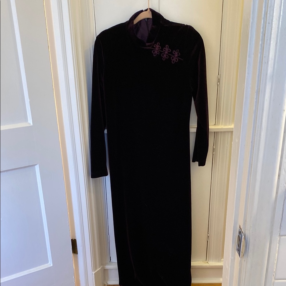 Purple Velvet Asymmetrical Gown with Cuffed Sleeves